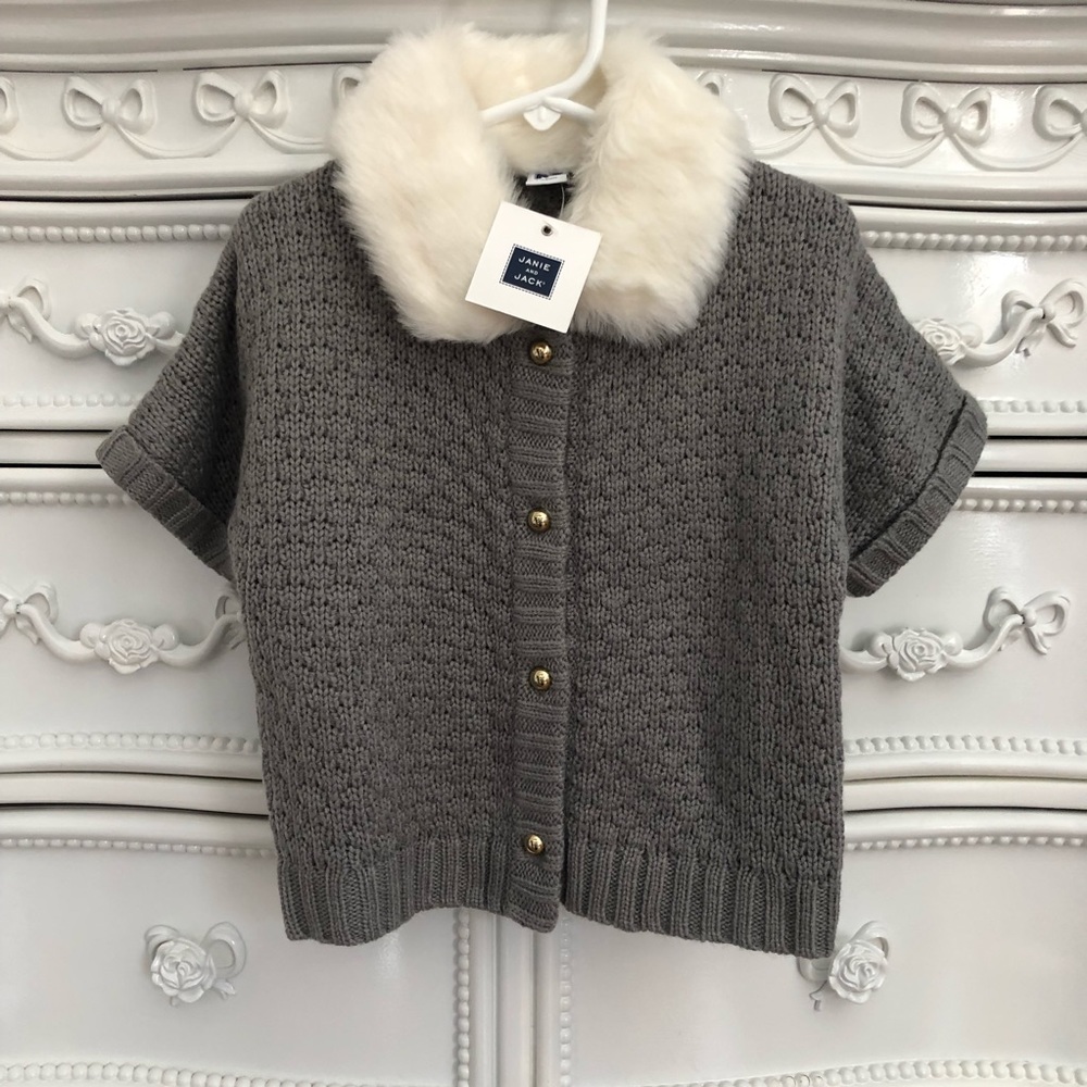 $59 NEW Janie and Jack Fur Collar Sweater Top Girls Size 3 Gray Ivory Knit